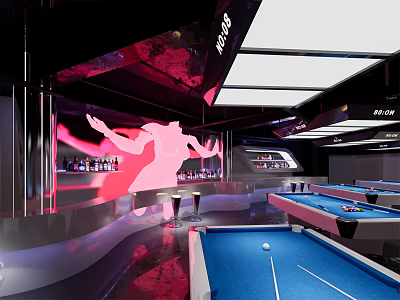Modern Billiard Room Interior Design With Blue Pool Tables Red Lighting And Ceiling Lights 3d model