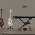 Electric Guitars And Digital Piano With Stands Stool On Wooden Floor Poliform Wall