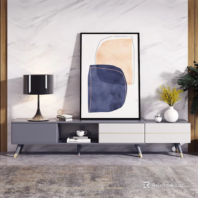 Modern Gray And White TV Stand With Abstract Painting Table Lamp And Yellow Flowers 3d model 