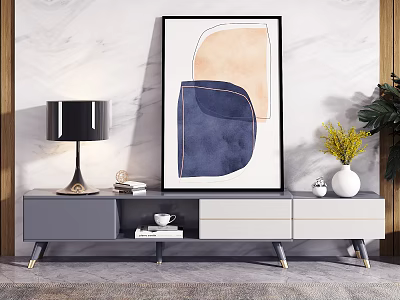 Modern Gray And White TV Stand With Abstract Painting Table Lamp And Yellow Flowers 3d model