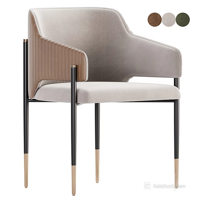 Modern Dining Chair With Beige Velvet Upholstery And Black Metal Legs With Gold Tips 3d model 