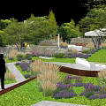 Serene Park Landscape Featuring Stone Garden Steps Purple Flowers And Lush Green Trees