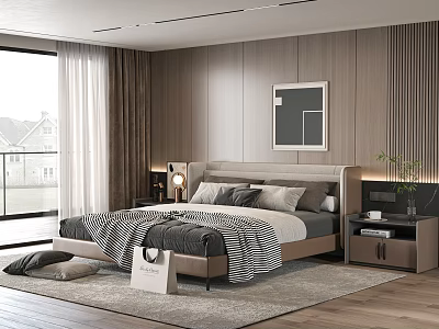 Modern Minimalist Bedroom Interior With Upholstered Headboard Wooden Panel Walls And Floor to Ceiling Windows 3d model