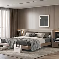 Modern Minimalist Bedroom Interior With Upholstered Headboard Wooden Panel Walls And Floor to Ceiling Windows