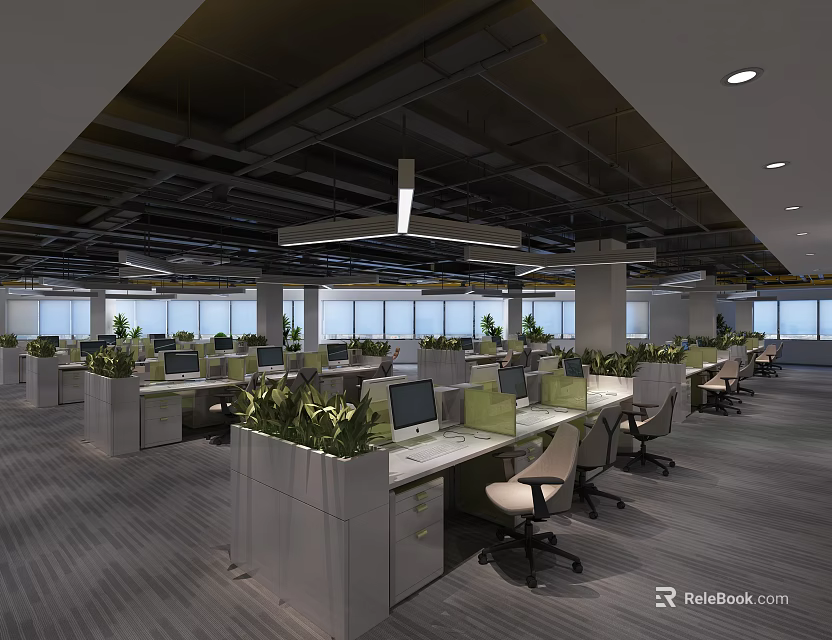 Modern Public Office Space With Open Layout Desks Computers Green Plants And Large Windows 3d model