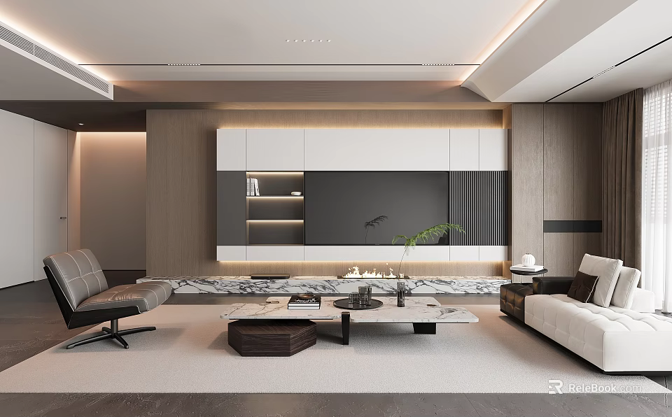 Modern Living Room Interior With TV Wall Sofa Chair Marble Coffee Table And Plants 3d model 