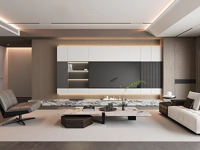 Modern Living Room Interior With TV Wall Sofa Chair Marble Coffee Table And Plants 3d model