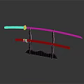 Traditional Japanese Katana Sword Display With Black Stand And Red Handle