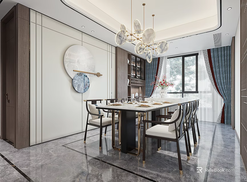 Elegant Modern Dining Room Interior With Rectangular Table Chairs Chandelier Decorative Painting Window And Curtains 3d model