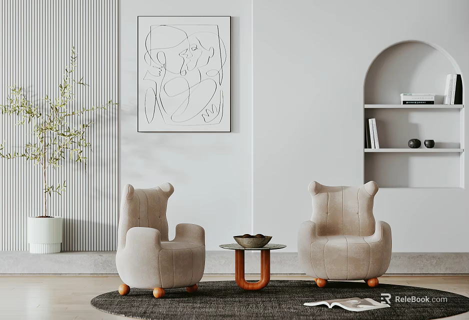 Modern Minimalist Beige Fabric Leisure Sofa Set With Curved Back Wooden Legs And Coffee Table 3d model 