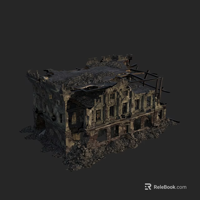 Old Dilapidated Detached Villa With Broken Walls Collapsed Roof And Debris 3d model 