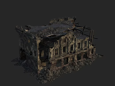 Old Dilapidated Detached Villa With Broken Walls Collapsed Roof And Debris 3d model