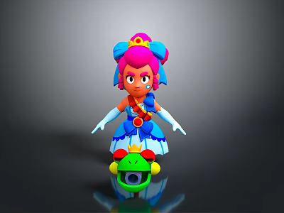 Cartoon Style 3D Model Woman With Pink Hair Blue Accessories And Green Mount 3d model
