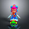 Cartoon Style 3D Model Woman With Pink Hair Blue Accessories And Green Mount