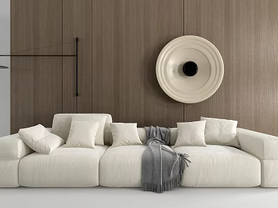 Minimalist Living Room With Round Wall Decor On Wooden Wall 3d model