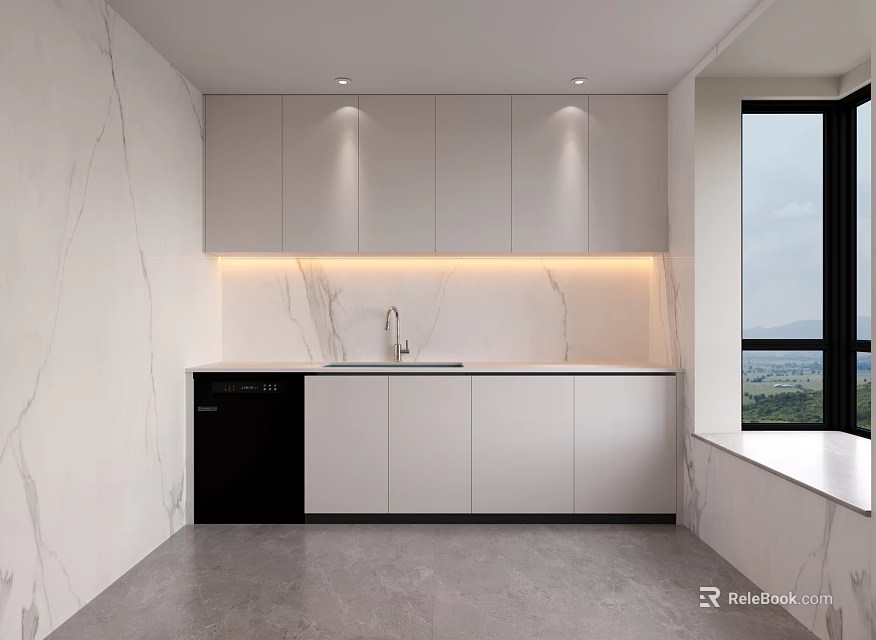 Modern Kitchen Interior With White Cabinets Marble Wall And Black Dishwasher 3d model 