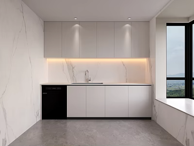 Modern Kitchen Interior With White Cabinets Marble Wall And Black Dishwasher 3d model
