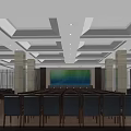 Spacious Conference Room With Ceiling Lights Marble Columns Large Screen And Arranged Chairs 3d model