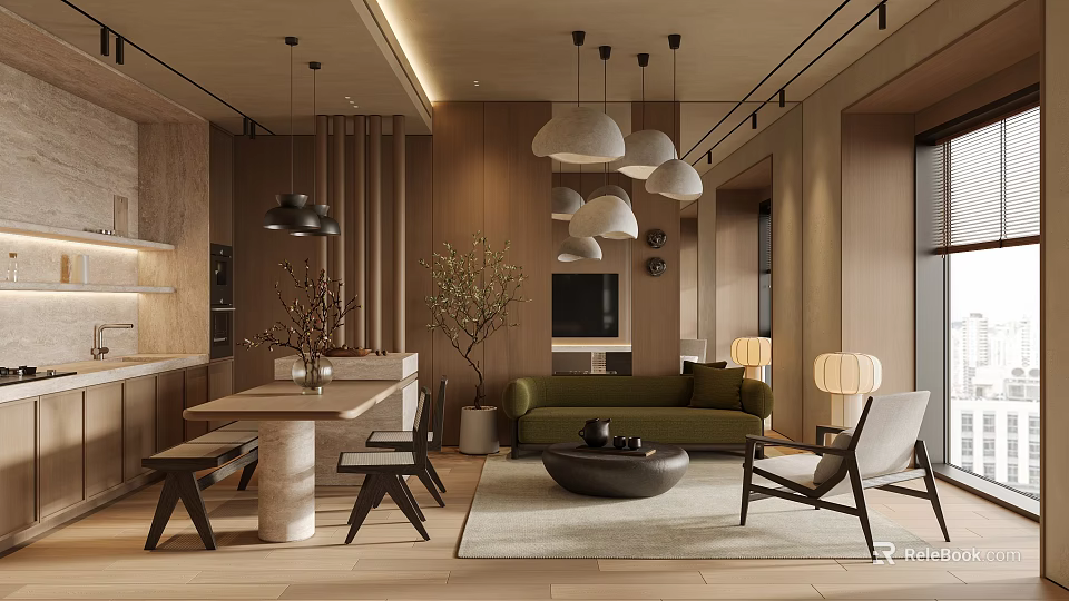 Modern Warm Wood Toned Living And Dining Room With Cozy Furnishings And Soft Ambient Lighting 3d model 
