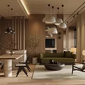 Modern Warm Wood Toned Living And Dining Room With Cozy Furnishings And Soft Ambient Lighting