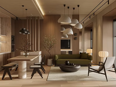 Modern Warm Wood Toned Living And Dining Room With Cozy Furnishings And Soft Ambient Lighting 3d model