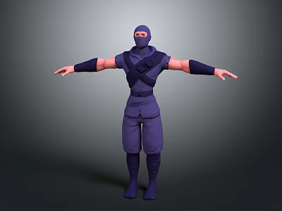 3D Ninja Character In Purple Outfit With Arms Outstretched Stance Design 3d model