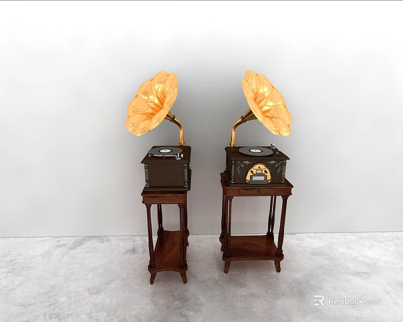Vintage Gramophones With Golden Horns And Wooden Stands In Minimalist Room 3d model 