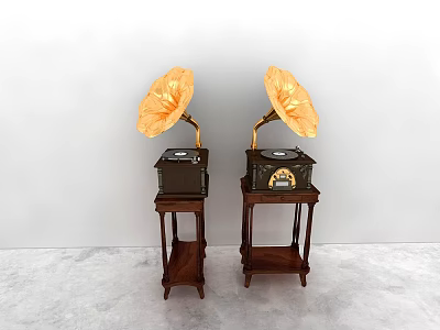 Vintage Gramophones With Golden Horns And Wooden Stands In Minimalist Room 3d model