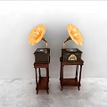 Vintage Gramophones With Golden Horns And Wooden Stands In Minimalist Room
