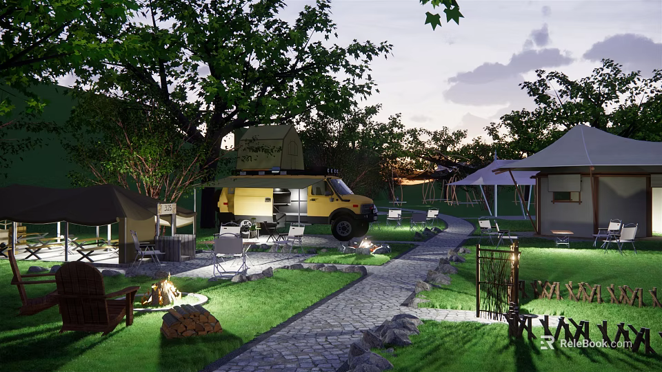 Scenic Campsite With Camper Van Tents Green Grass Pathway Trees And Evening Lighting 3d model 