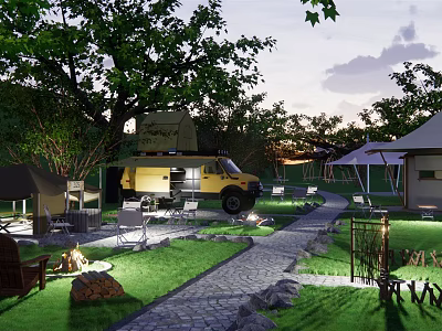 Scenic Campsite With Camper Van Tents Green Grass Pathway Trees And Evening Lighting 3d model