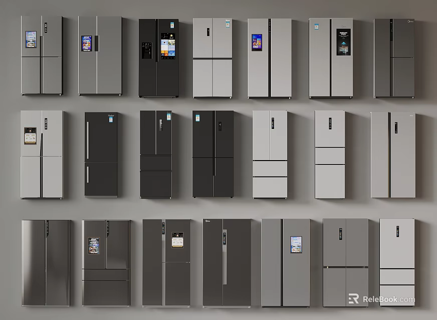 Various Modern Refrigerators In Different Styles And Colors For Home Use 3d model