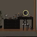 Dark Dressing Table with Round Mirror Drawers Table Lamp and Decorative Items 3d model