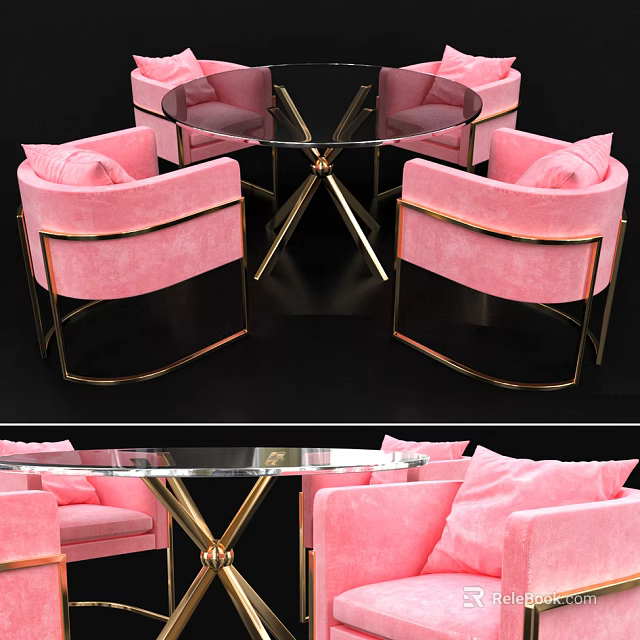 Pink Chair And Glass Top Table Set With Gold Frame For Modern Living Room 3d model 