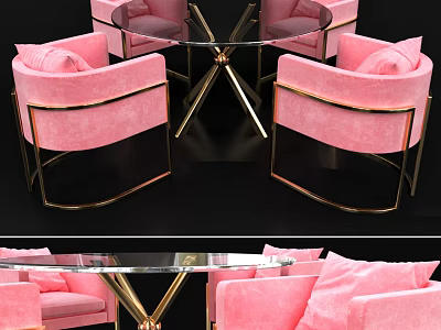 Pink Chair And Glass Top Table Set With Gold Frame For Modern Living Room 3d model