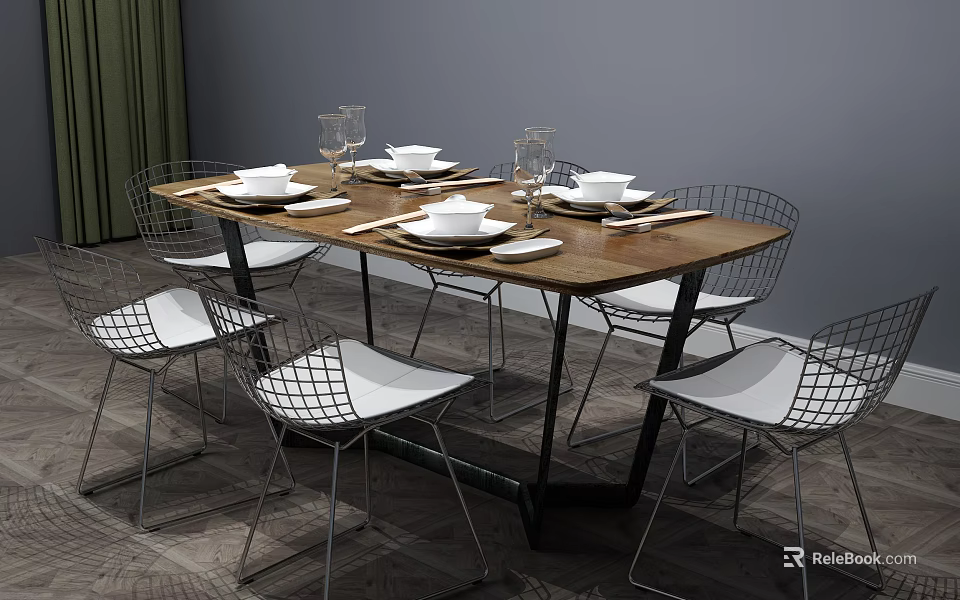 Modern Wooden Dining Table Set With White Metal Frame Chairs And Plates Bowls Wine Glasses 3d model 