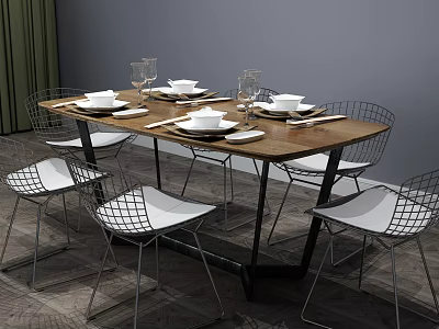 Modern Wooden Dining Table Set With White Metal Frame Chairs And Plates Bowls Wine Glasses 3d model