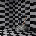 Black and White Checkered Walls and Floor With Swords Including Cross Symbol On Stone