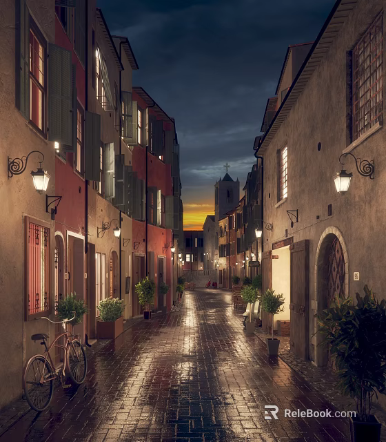 Wet Narrow Street With Colorful Buildings Street Lamps And Church Spire At Evening 3d model