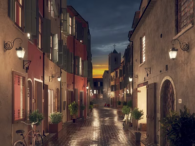 Wet Narrow Street With Colorful Buildings Street Lamps And Church Spire At Evening 3d model