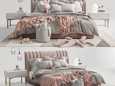 Pink Upholstered Kids Bed With Gray Bedding Plush Rabbit Toys Nightstands And Table Lamps 3d model