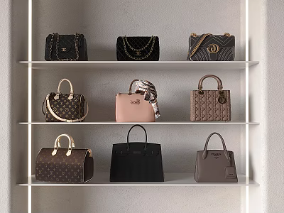 Stylish Designer Bags Collection Displayed on White Shelves Various Colors Classic Patterns Tote Chain Designs 3d model