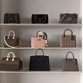 Stylish Designer Bags Collection Displayed on White Shelves Various Colors Classic Patterns Tote Chain Designs