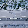 Silver Sculpture Under Arch Structure With Trees Water Surface Smooth Stone Floor And Lighting 3d model