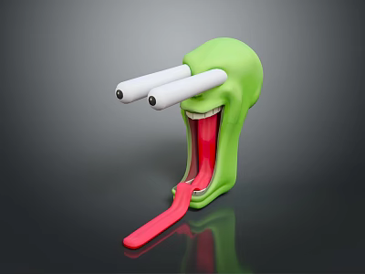 Green Abstract Cartoon Creature With White Tube Eyes Open Mouth And Long Red Tongue 3d model