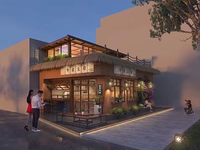 Warm Rustic Chinese Storefront Landscape Design With Soft Night Lighting And Lush Green Plant Decorations 3d model