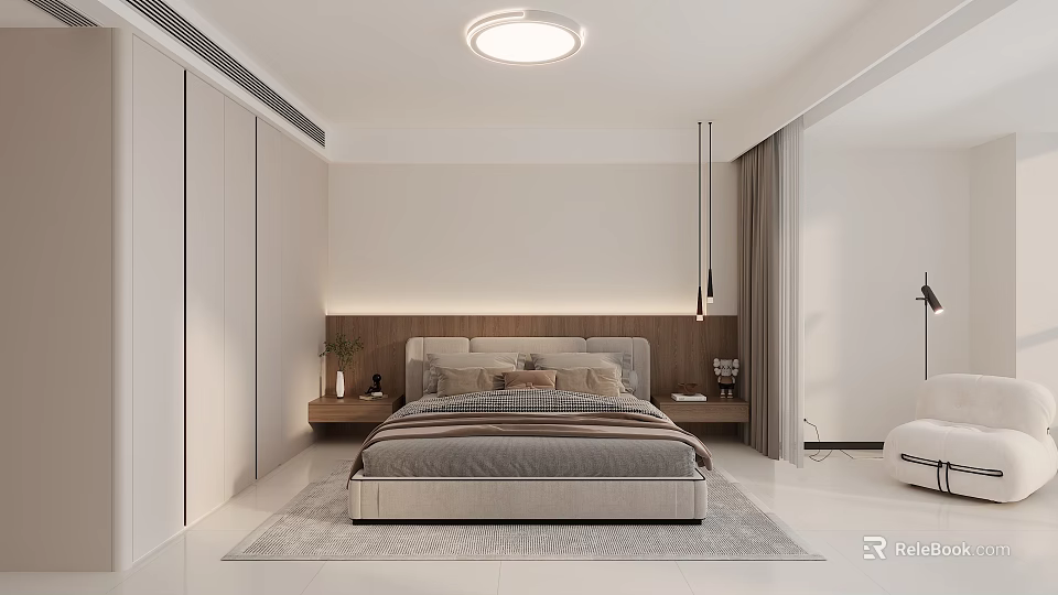 Modern White Wardrobe Design In Minimalist Bedroom With Bed Nightstand And Lighting 3d model 