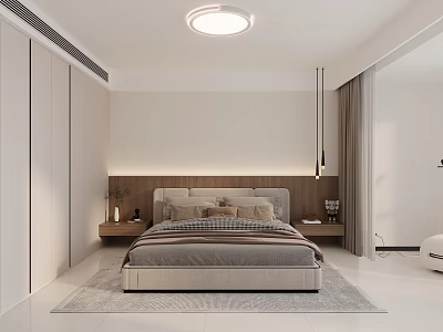 Modern White Wardrobe Design In Minimalist Bedroom With Bed Nightstand And Lighting 3d model