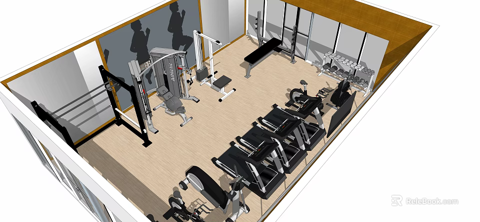 Modern Fitness Gym Interior With Treadmills Strength Training Machines And Dumbbells 3d model 