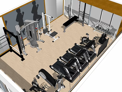 Modern Fitness Gym Interior With Treadmills Strength Training Machines And Dumbbells 3d model